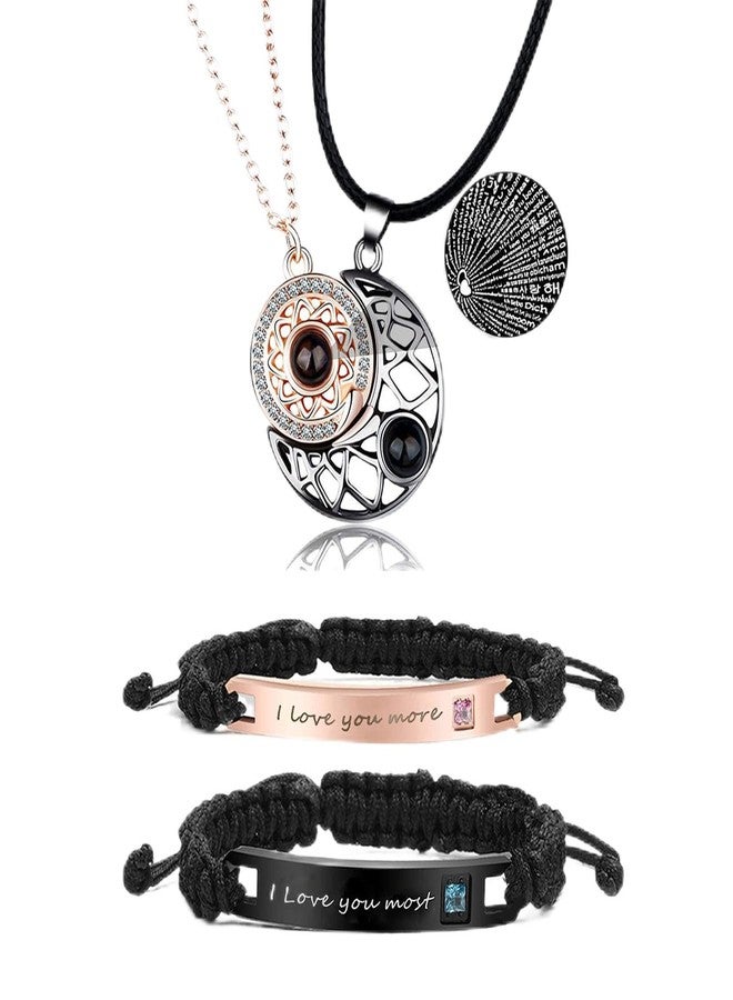 YANCHUN Couple Necklace Matching Necklaces for Couples Necklace Bracelet Set Sun and Moon I Love You 100 Languages for Him and Her Projection Valentines Day Gifts - Image 1