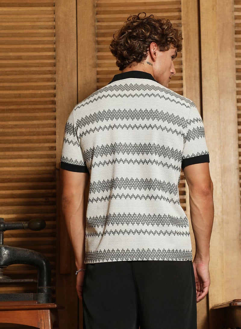 Campus Sutra Men's Black And White Geometric Polo Collar Shirt  - Image 5