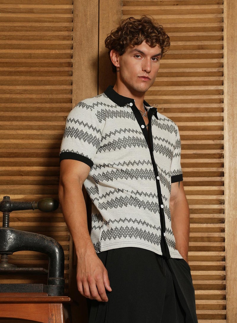 Campus Sutra Men's Black And White Geometric Polo Collar Shirt  - Image 3
