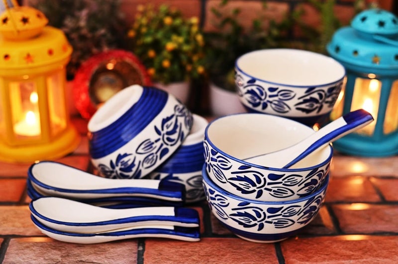 SHRIYAM CRAFT Ceramic Soup Bowls with Ceramic Spoon Blue White Bowl and Spoon Pack of 6 - Image 1