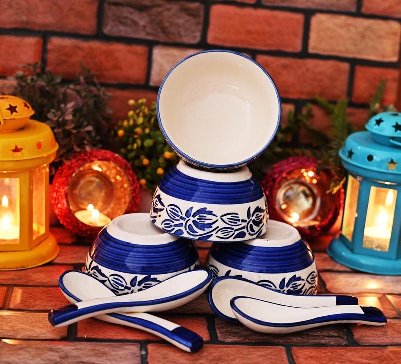 SHRIYAM CRAFT Ceramic Soup Bowls with Ceramic Spoon Blue White Bowl and Spoon Pack of 6 - Image 3