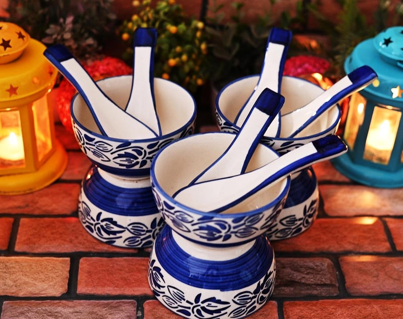 SHRIYAM CRAFT Ceramic Soup Bowls with Ceramic Spoon Blue White Bowl and Spoon Pack of 6 - Image 2