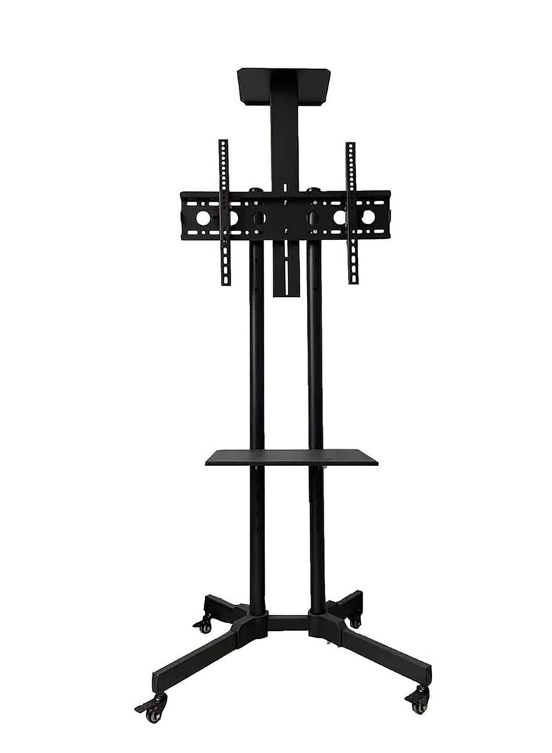 روك بو حامل تلفزيون متنقل مع ارتفاع قابل للتعديل وعجلات قابلة للقفل للشاشات المسطحة والمنحنية مقاس 32-65 بوصة، بما في ذلك رف قابل للإزالة لمعدات الصوت والصورة وأجهزة الكمبيوتر المحمولة - Image 1