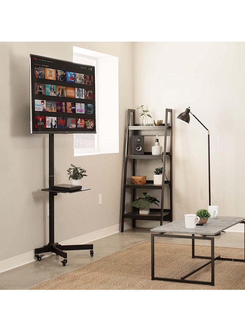 روك بو حامل تلفزيون متنقل مع ارتفاع قابل للتعديل وعجلات قابلة للقفل للشاشات المسطحة والمنحنية مقاس 32-65 بوصة، بما في ذلك رف قابل للإزالة لمعدات الصوت والصورة وأجهزة الكمبيوتر المحمولة - Image 5