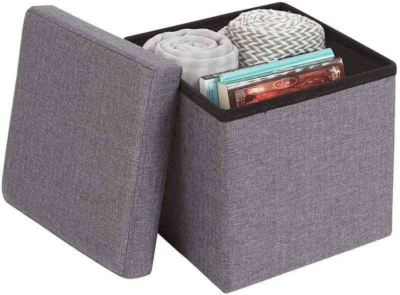 HAV CREATION Foldable Cube 30x30 cm Multipurpose Ottoman Stool with Storage Fabric Folding Organizer for Clothes Books Toys Padded Cushion Seat 22L Capacity Light Grey - Image 1
