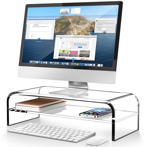 AboveTEK 2-Tier Acrylic Monitor Stand, Computer Riser for Home Office, Clear Monitor Riser for Keyboard Storage, 18.9" x 8.7" Multi Monitor Desk Stand for iMac Multi-Media Laptop Printer TV - Image 1
