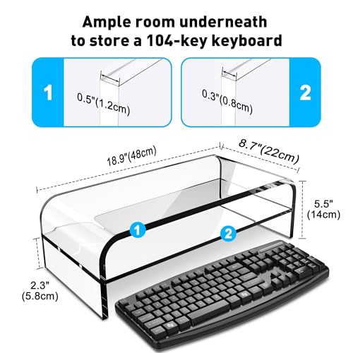 AboveTEK 2-Tier Acrylic Monitor Stand, Computer Riser for Home Office, Clear Monitor Riser for Keyboard Storage, 18.9" x 8.7" Multi Monitor Desk Stand for iMac Multi-Media Laptop Printer TV - Image 2