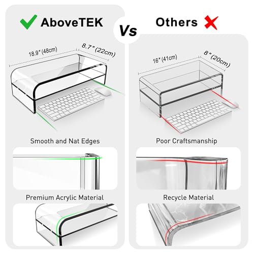 AboveTEK 2-Tier Acrylic Monitor Stand, Computer Riser for Home Office, Clear Monitor Riser for Keyboard Storage, 18.9" x 8.7" Multi Monitor Desk Stand for iMac Multi-Media Laptop Printer TV - Image 3