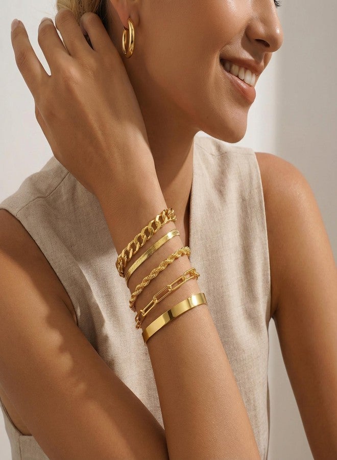 PLOMFOV Gold Bracelets for Women Stack Non Tarnish 14K Gold Plated Chunky Bangles Bracelet Set Rope Paperclip Chain Cuban Herringbone Link Dainty Trendy Waterproof Stackable Cuff Bracelets Jewelry Gifts for Women - Image 5