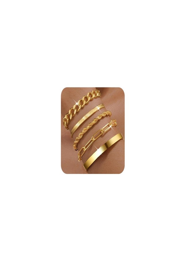 PLOMFOV Gold Bracelets for Women Stack Non Tarnish 14K Gold Plated Chunky Bangles Bracelet Set Rope Paperclip Chain Cuban Herringbone Link Dainty Trendy Waterproof Stackable Cuff Bracelets Jewelry Gifts for Women - Image 1