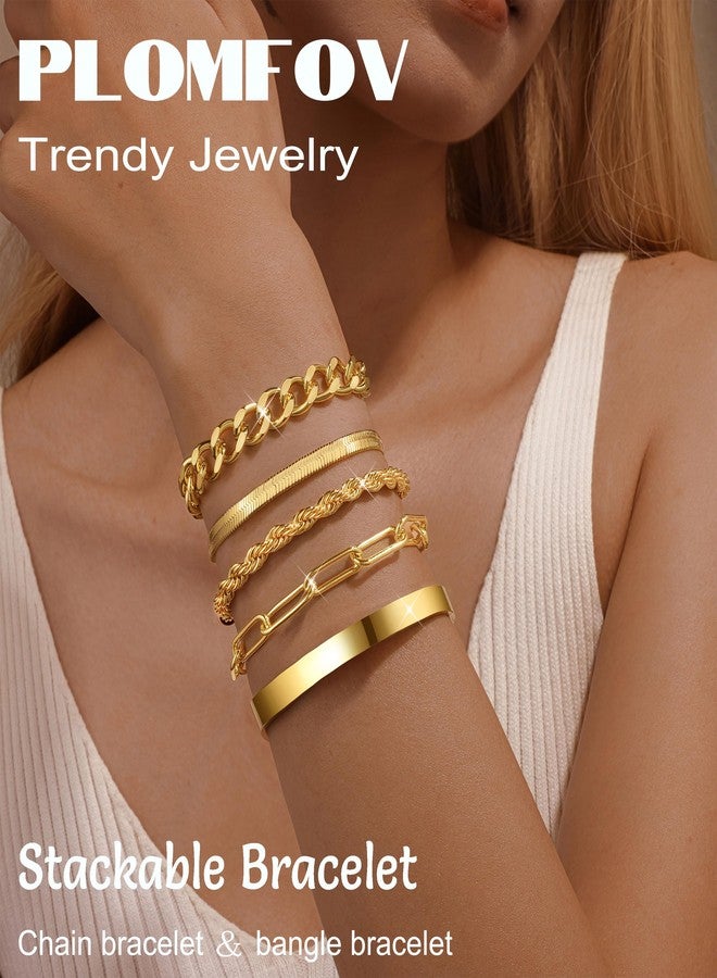 PLOMFOV Gold Bracelets for Women Stack Non Tarnish 14K Gold Plated Chunky Bangles Bracelet Set Rope Paperclip Chain Cuban Herringbone Link Dainty Trendy Waterproof Stackable Cuff Bracelets Jewelry Gifts for Women - Image 2