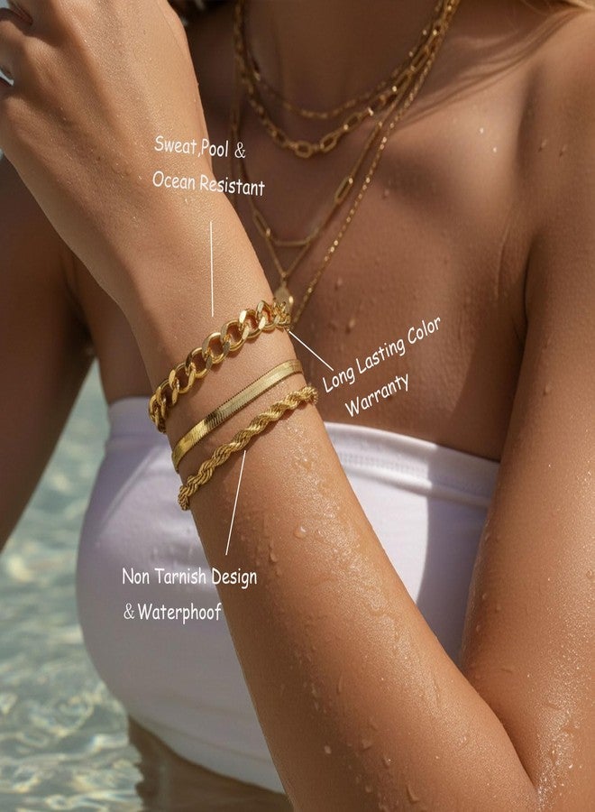 PLOMFOV Gold Bracelets for Women Stack Non Tarnish 14K Gold Plated Chunky Bangles Bracelet Set Rope Paperclip Chain Cuban Herringbone Link Dainty Trendy Waterproof Stackable Cuff Bracelets Jewelry Gifts for Women - Image 3