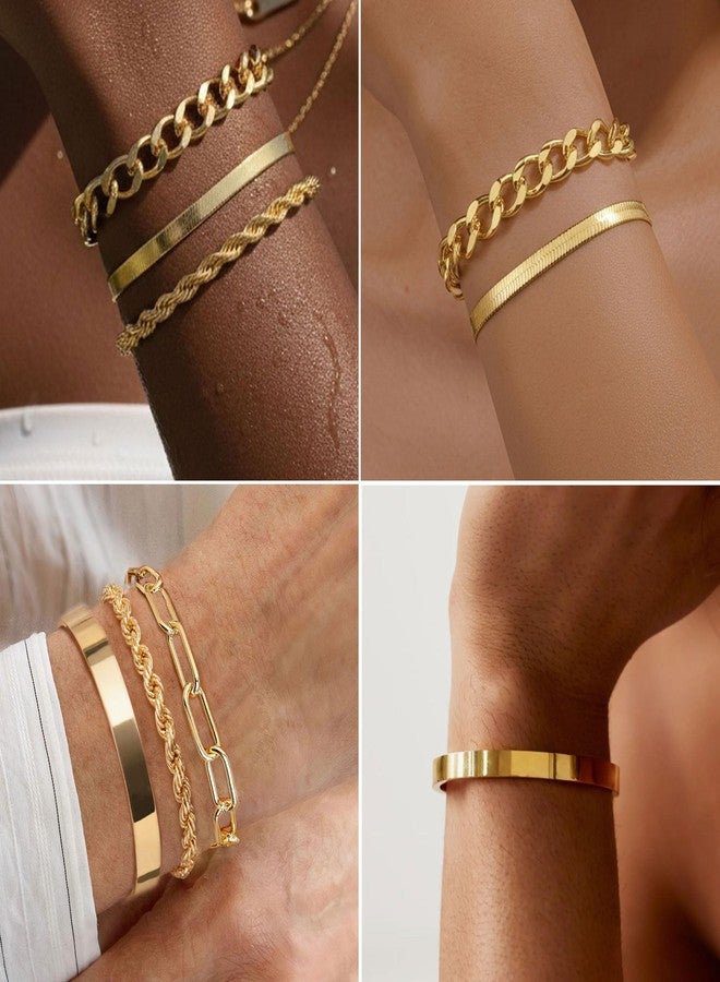 PLOMFOV Gold Bracelets for Women Stack Non Tarnish 14K Gold Plated Chunky Bangles Bracelet Set Rope Paperclip Chain Cuban Herringbone Link Dainty Trendy Waterproof Stackable Cuff Bracelets Jewelry Gifts for Women - Image 4