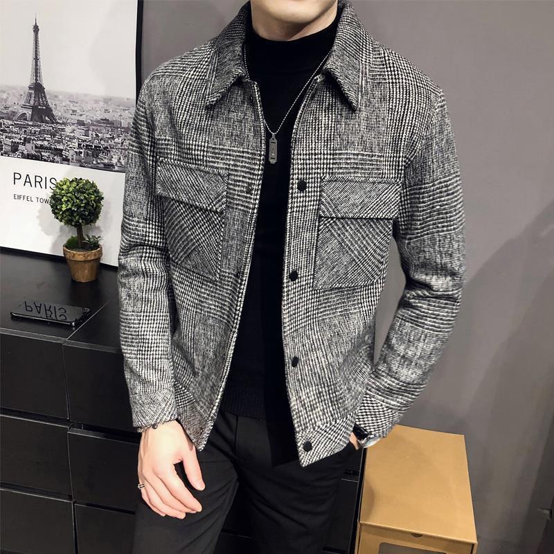 Mens Plaid Wool Coat Short Korean Trendy Jacket Autumn Winter Coffee - Image 4