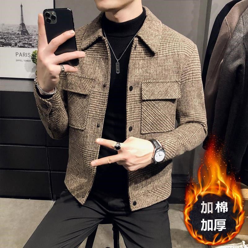 Mens Plaid Wool Coat Short Korean Trendy Jacket Autumn Winter Coffee - Image 2