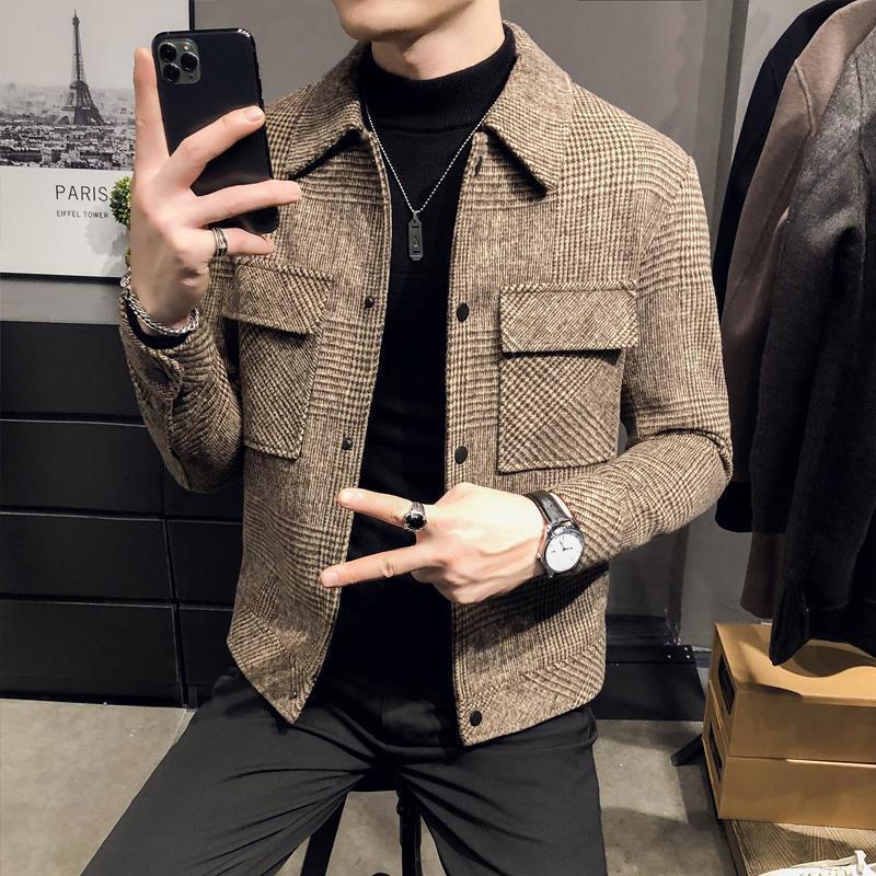 Mens Plaid Wool Coat Short Korean Trendy Jacket Autumn Winter Coffee - Image 1