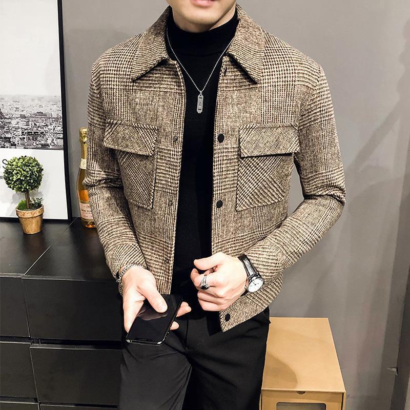 Mens Plaid Wool Coat Short Korean Trendy Jacket Autumn Winter Coffee - Image 5