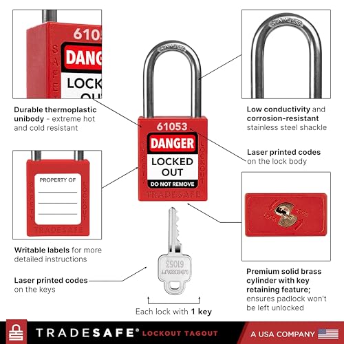 TRADESAFE Lockout Tagout Locks Set - 10 Red Loto Locks, Lockout Locks Keyed Different, 1 Key Per Lock, OSHA Compliant Lock Out Tag Out Padlocks, Safety Padlocks for Electrical Lockout Tag Out Kits - Image 4