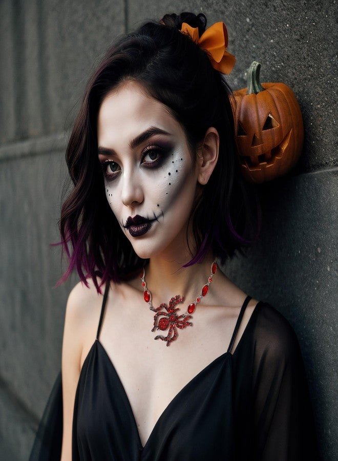 BriLove Halloween Costumes Spider Necklace for Women, Costume Gothic Shiny Rhinestone Strand Choker Necklaces Jewelry for Cosplay Party Prom Accessory Ruby Color - Image 4