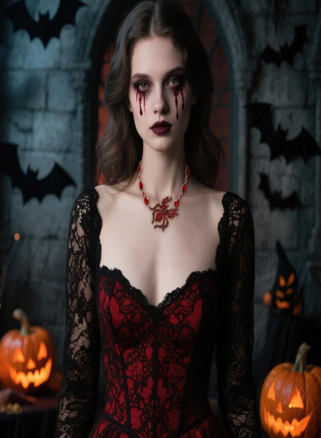 BriLove Halloween Costumes Spider Necklace for Women, Costume Gothic Shiny Rhinestone Strand Choker Necklaces Jewelry for Cosplay Party Prom Accessory Ruby Color - Image 3