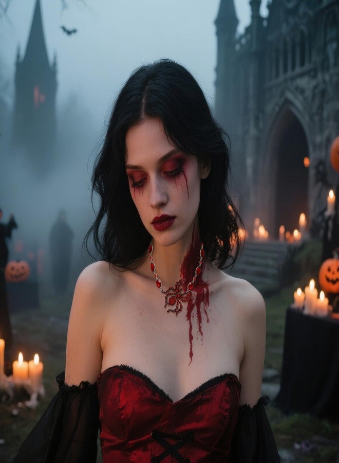 BriLove Halloween Costumes Spider Necklace for Women, Costume Gothic Shiny Rhinestone Strand Choker Necklaces Jewelry for Cosplay Party Prom Accessory Ruby Color - Image 2