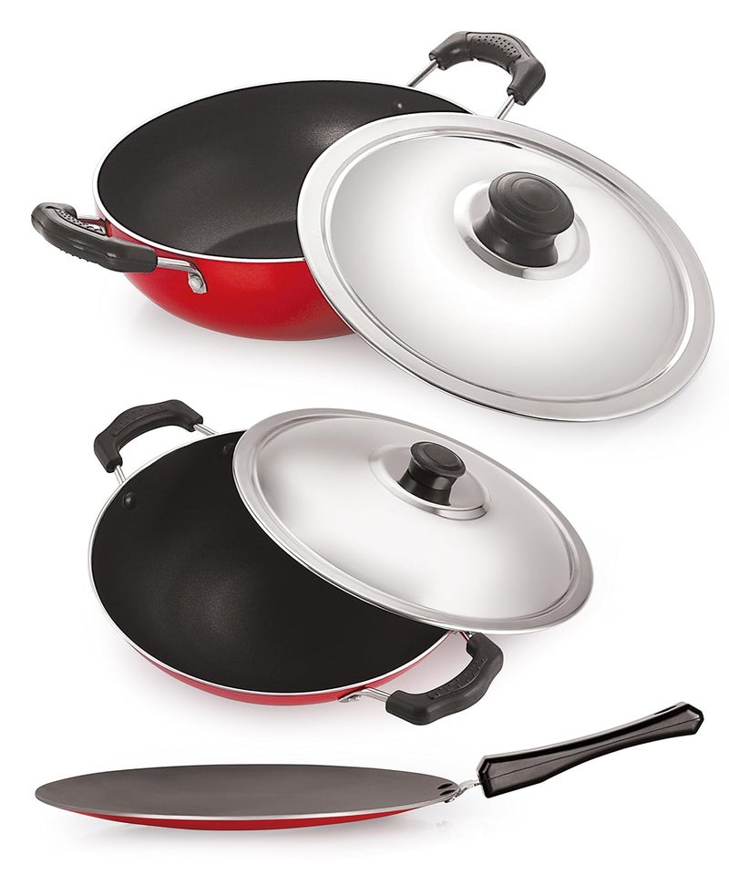Nirlon Nirlon Special Cooking Pots and Pans Non-Stick Cookware Set 3-Pieces Concave Tawa 28.5cm, Deep Kadai with Stainless Steel Lid 2.6ltr, Appa Chatti 22cm only Gas Cooktop Compatible"Premier Quality"  - Image 1