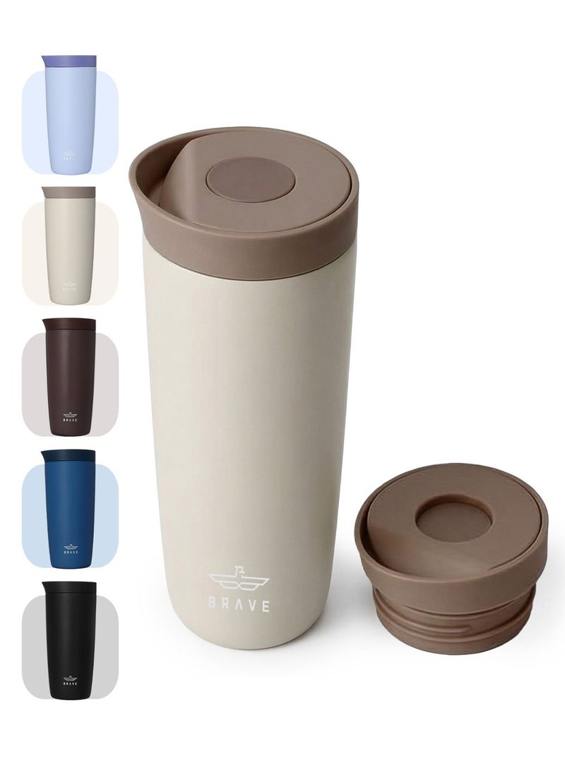 Brave 350ml Stainless Steel Tumbler | 12oz Insulated Coffee Cup | Iced Coffee Travel Mug | Hot Coffee Travel Mug | Double Wall Vacuum Insulated Thermos | Leakproof One-Touch Push Button Lid | Reusable Thermal Cup | BPA Free | Hot & Cold Drinks | Keeps Hot 8 Hours Cold 24 Hours | Coffee Tea Water Tumbler | Beige - Image 1