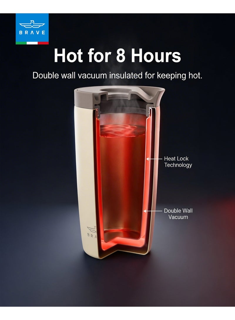 Brave 350ml Stainless Steel Tumbler | 12oz Insulated Coffee Cup | Iced Coffee Travel Mug | Hot Coffee Travel Mug | Double Wall Vacuum Insulated Thermos | Leakproof One-Touch Push Button Lid | Reusable Thermal Cup | BPA Free | Hot & Cold Drinks | Keeps Hot 8 Hours Cold 24 Hours | Coffee Tea Water Tumbler | Beige - Image 5