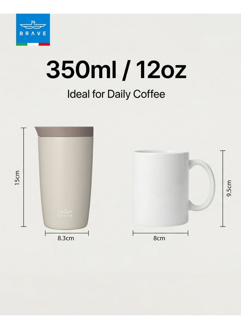 Brave 350ml Stainless Steel Tumbler | 12oz Insulated Coffee Cup | Iced Coffee Travel Mug | Hot Coffee Travel Mug | Double Wall Vacuum Insulated Thermos | Leakproof One-Touch Push Button Lid | Reusable Thermal Cup | BPA Free | Hot & Cold Drinks | Keeps Hot 8 Hours Cold 24 Hours | Coffee Tea Water Tumbler | Beige - Image 3