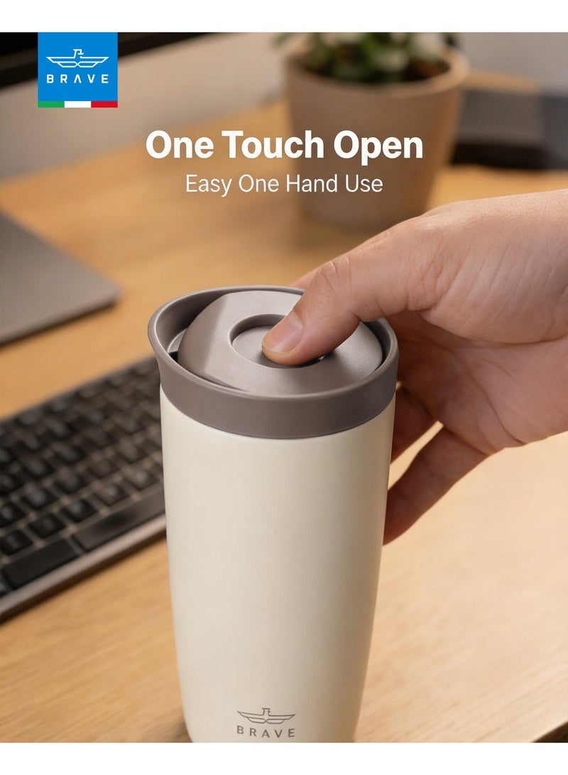 Brave 350ml Stainless Steel Tumbler | 12oz Insulated Coffee Cup | Iced Coffee Travel Mug | Hot Coffee Travel Mug | Double Wall Vacuum Insulated Thermos | Leakproof One-Touch Push Button Lid | Reusable Thermal Cup | BPA Free | Hot & Cold Drinks | Keeps Hot 8 Hours Cold 24 Hours | Coffee Tea Water Tumbler | Beige - Image 2