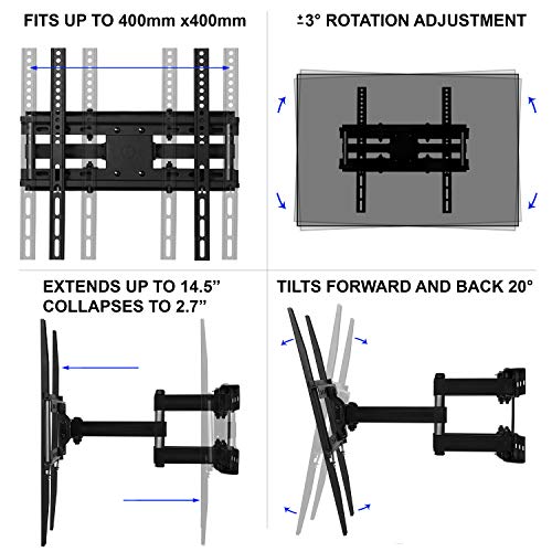 Cheetah Articulating Dual Arms TV Wall Mount for 32-65 Inch TVs, 115lbs VESA 400x400mm, 16" Studs, New TVs up to 83", Low Profile & Extends 14", Full Motion Tilt Swivel Bracket & 10 ft HDMI Cable - Image 3
