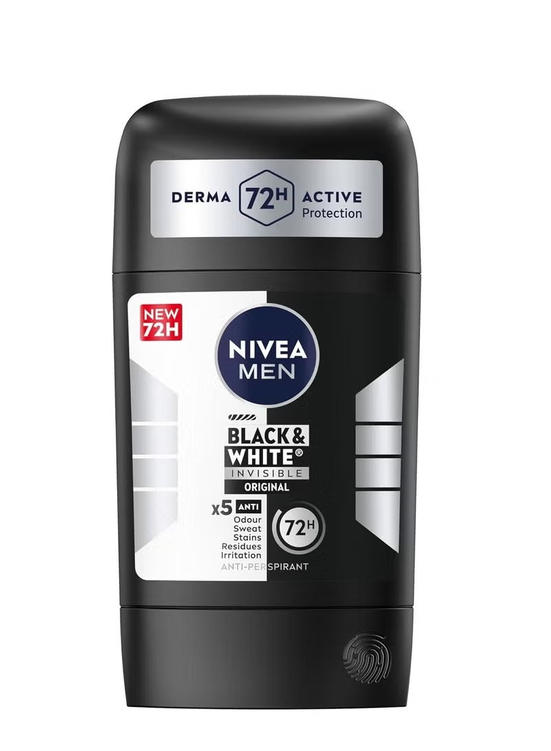 NIVEA Men Black & White Invisible Antiperspirant Deodorant Stick, Original, 72H Active Protection,