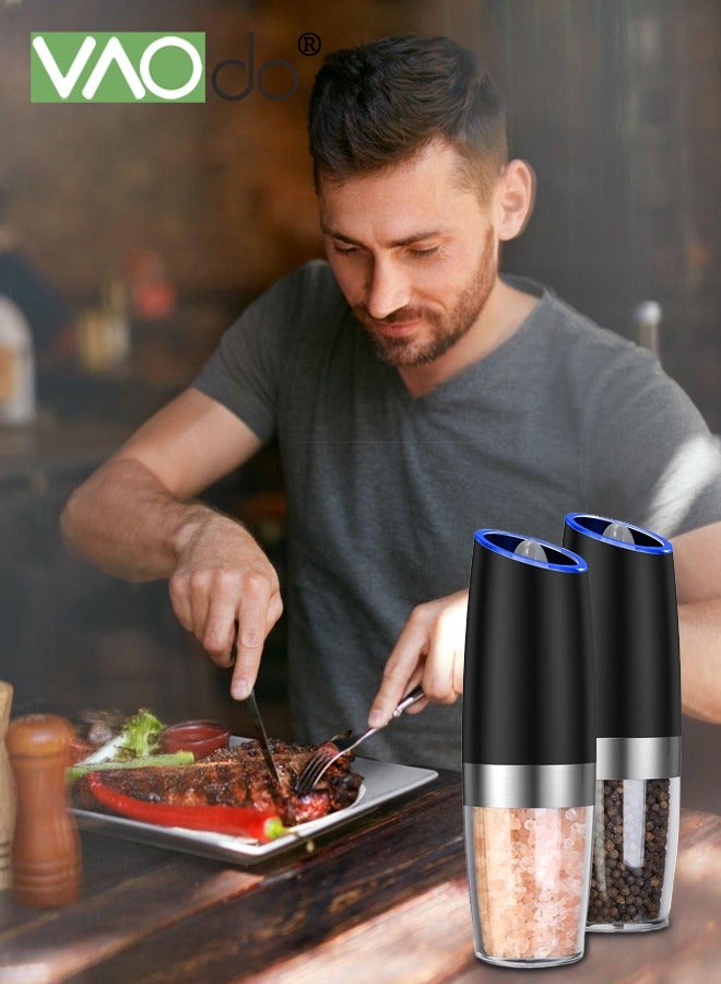 فاو دو 2 قطعة طقم مطحنة فلفل وملح كهربائية بالجاذبية، خشونة قابلة للتعديل تعمل بالبطارية مع إضاءة LED تشغيل تلقائي بيد واحدة، 5.08*19.69 سم أسود - Image 3