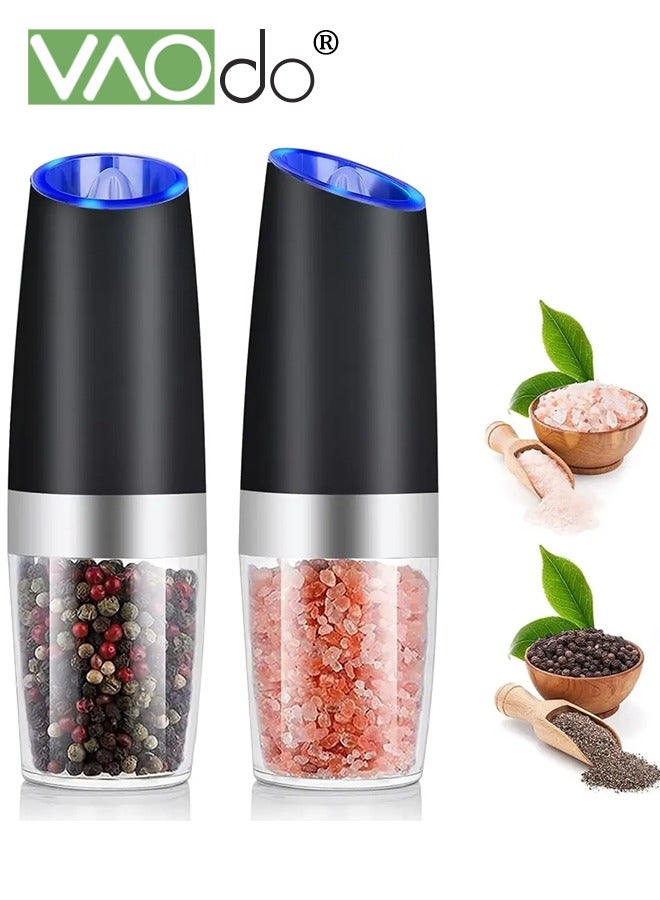 فاو دو 2 قطعة طقم مطحنة فلفل وملح كهربائية بالجاذبية، خشونة قابلة للتعديل تعمل بالبطارية مع إضاءة LED تشغيل تلقائي بيد واحدة، 5.08*19.69 سم أسود - Image 1