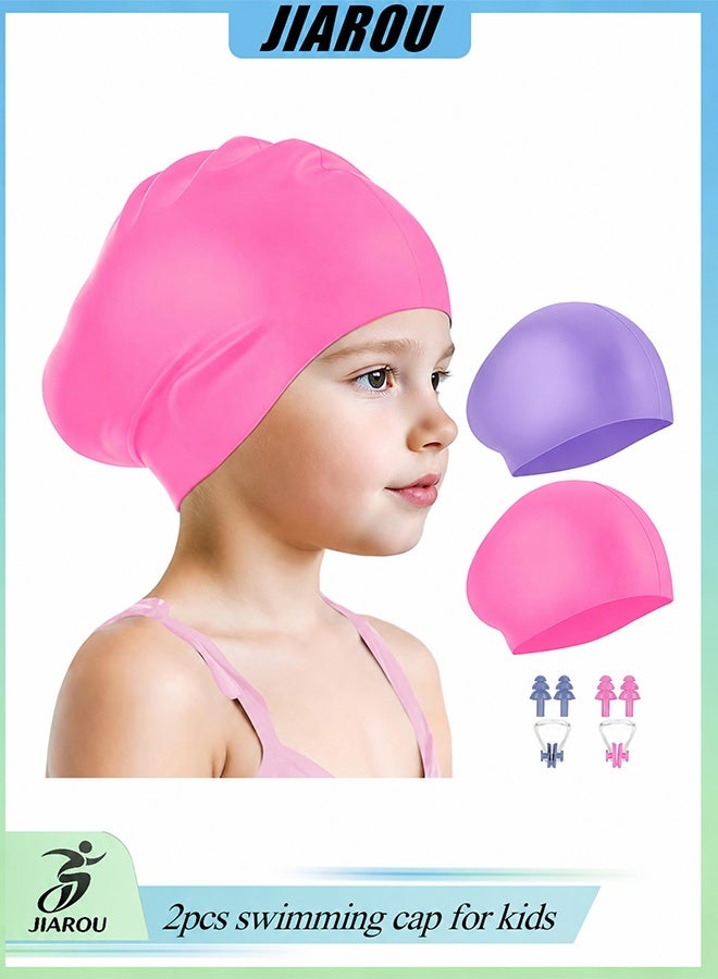 JIAROU 2 Pack Kids Swim Cap for Girls Boys, 2 Size Silicone Swimming Cap for Toddlers Children Teens, Waterproof Swim Hatsfor Long Hair to Keep Hair Dry - Image 1