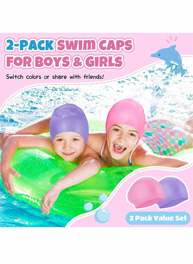 JIAROU 2 Pack Kids Swim Cap for Girls Boys, 2 Size Silicone Swimming Cap for Toddlers Children Teens, Waterproof Swim Hatsfor Long Hair to Keep Hair Dry - Image 2