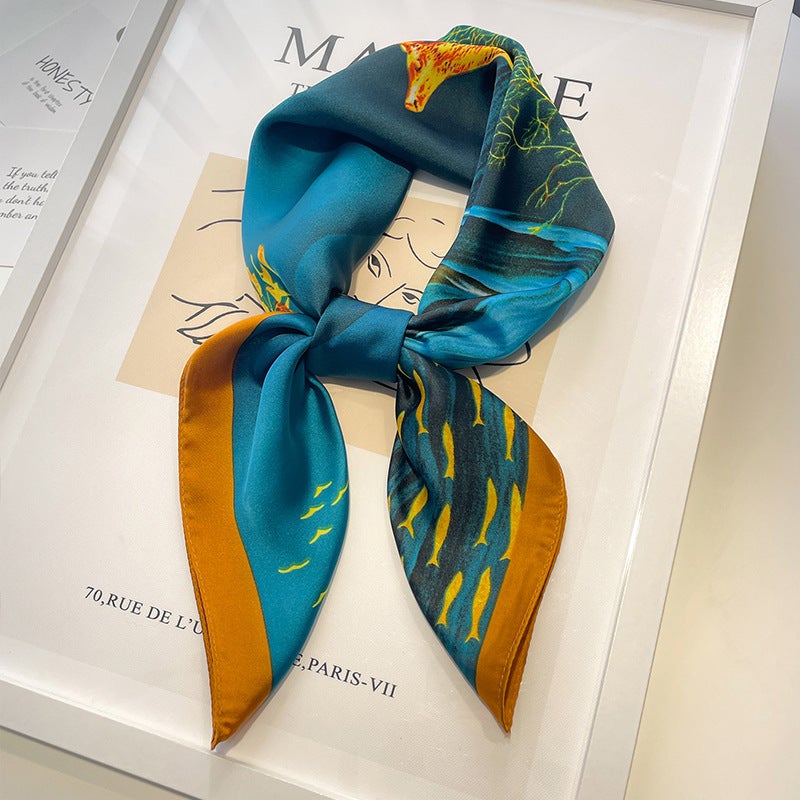 Oil painting small square scarf silk scarf for women Spring Autumn Winter mom matching shirt neck protection scarf scarf scarf 70x70 Yilu has you 70 square scarf-Black and Blue
