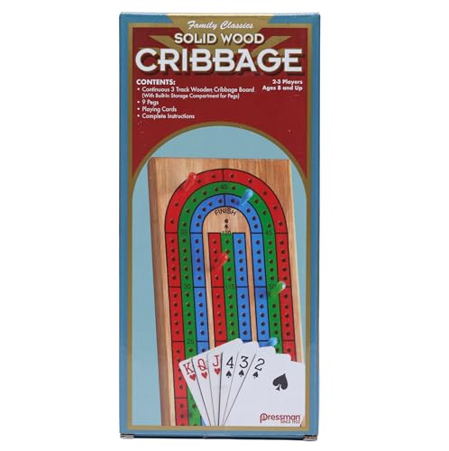 Pressman Family Classics Cribbage - Solid Wood Continuous 3 Track Board with Built-In Storage Compartment for Pegs - Image 1
