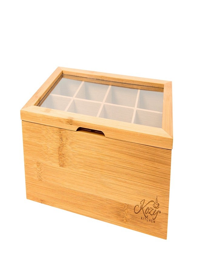 Kozy Kitchen Bamboo Tea Box Storage Organizer, 100% Natural Wooden Finish Tea Bag Organizer 8 Storage Compartments and Clear Shatterproof Hinged Lid - Image 4