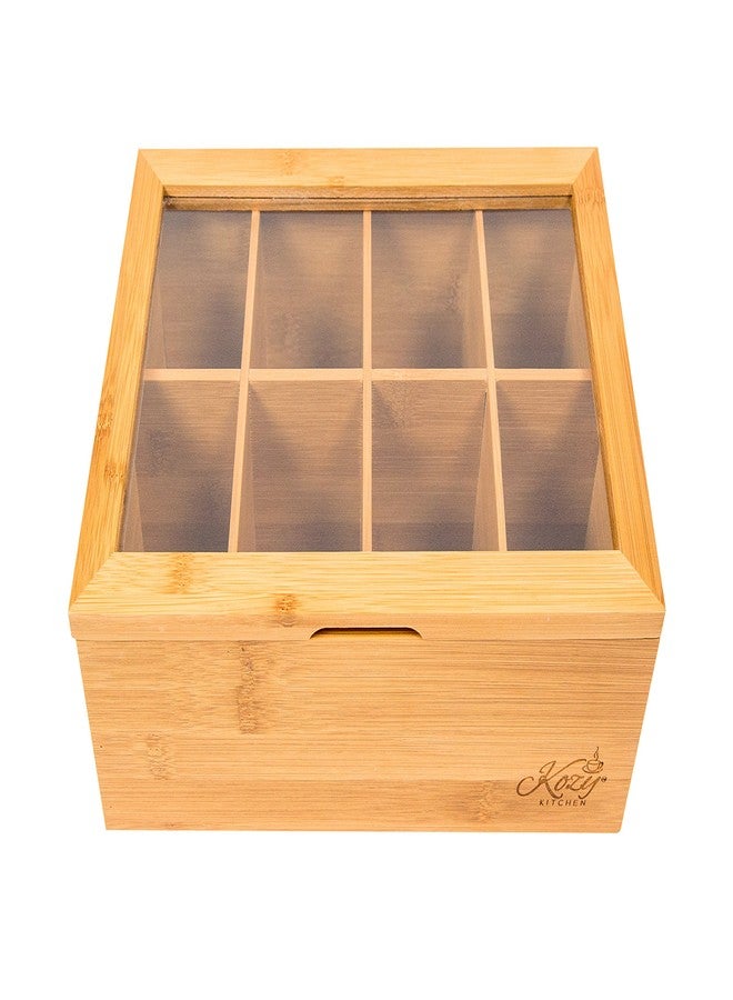 Kozy Kitchen Bamboo Tea Box Storage Organizer, 100% Natural Wooden Finish Tea Bag Organizer 8 Storage Compartments and Clear Shatterproof Hinged Lid - Image 3