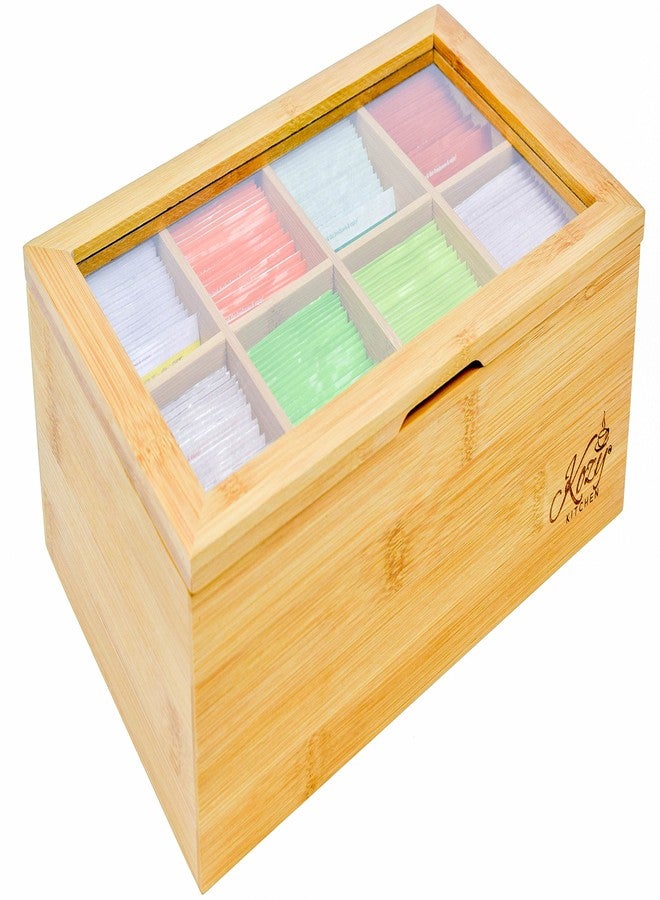 Kozy Kitchen Bamboo Tea Box Storage Organizer, 100% Natural Wooden Finish Tea Bag Organizer 8 Storage Compartments and Clear Shatterproof Hinged Lid - Image 1