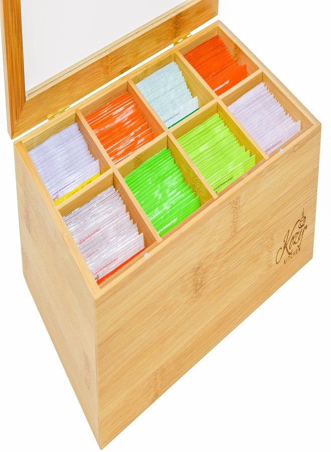 Kozy Kitchen Bamboo Tea Box Storage Organizer, 100% Natural Wooden Finish Tea Bag Organizer 8 Storage Compartments and Clear Shatterproof Hinged Lid - Image 2