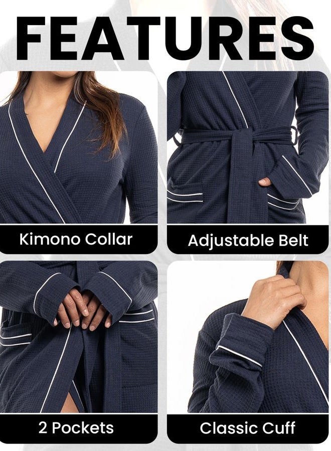 NY Threads Women's Robe Soft Knit Waffle Bathrobe Lightweight Knee-Length Loungewear, Navy, S - Image 3