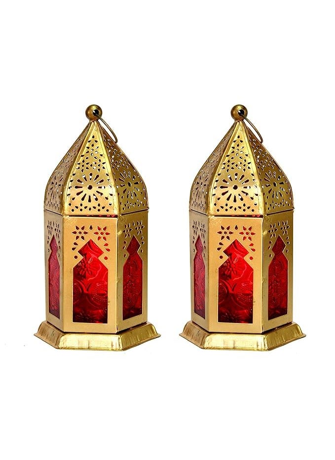 METALLICON Metallicon Moroccan Lantern RedColored Glass Hanging Lamp Home Decor Tealight Holder 2 Pieces  - Image 1