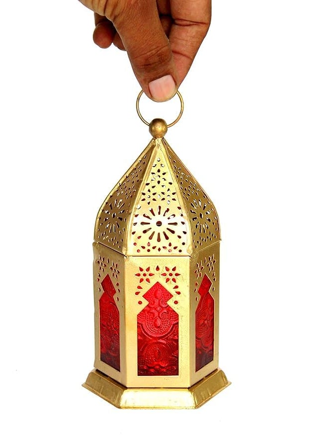 METALLICON Metallicon Moroccan Lantern RedColored Glass Hanging Lamp Home Decor Tealight Holder 2 Pieces  - Image 5