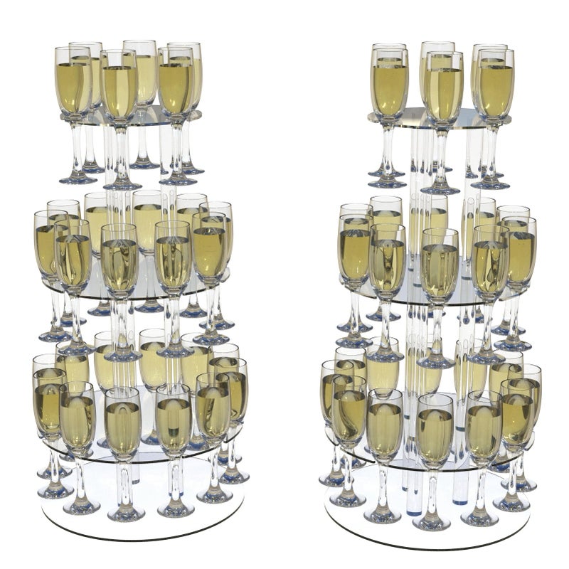 Laumffon Champagne Tower, Circle Acrylic Champagne Display Rack Stand with 28 Slots, 3 Tier Floating Sight Champagne Flute Holder for Party, Wedding, 13.4x13.4x25.5 inch, 2Pcs - Image 1