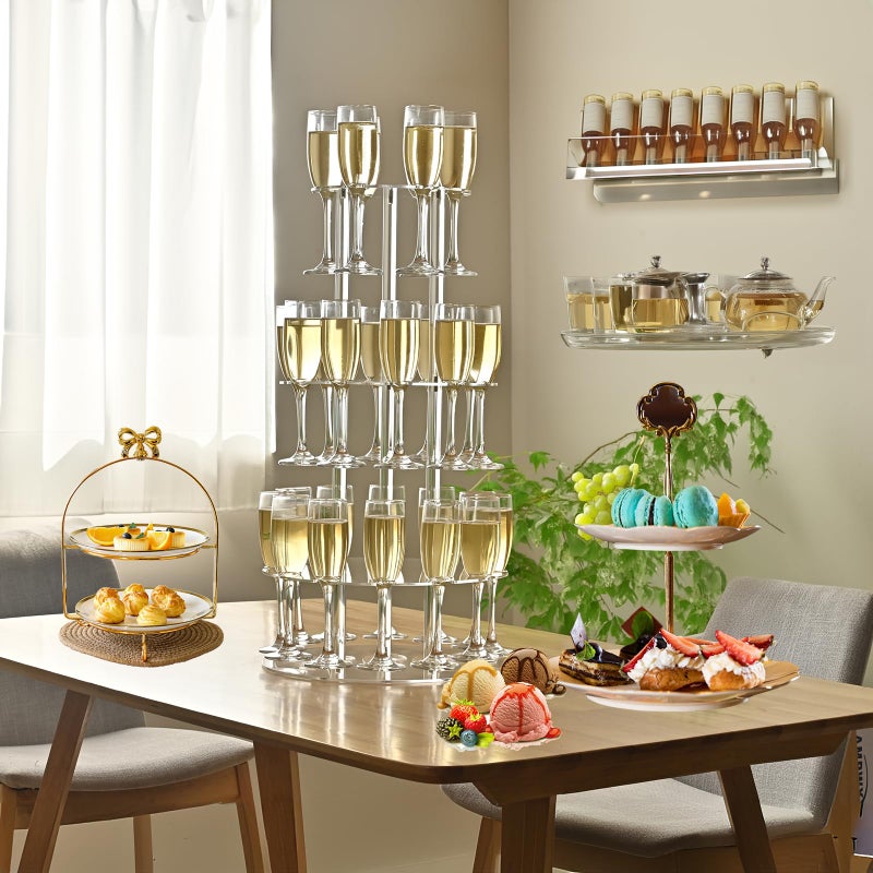 Laumffon Champagne Tower, Circle Acrylic Champagne Display Rack Stand with 28 Slots, 3 Tier Floating Sight Champagne Flute Holder for Party, Wedding, 13.4x13.4x25.5 inch, 2Pcs - Image 5