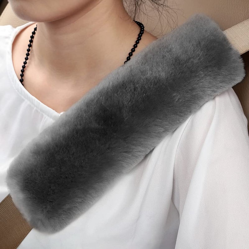 OGLAND Genuine Sheepskin Soft Fuzzy Car Seat Belt Pad2 Pack Fluffy Seat Belt Cover for Shoulder Pad Neck Cushion Protector Car Accessories Graphite