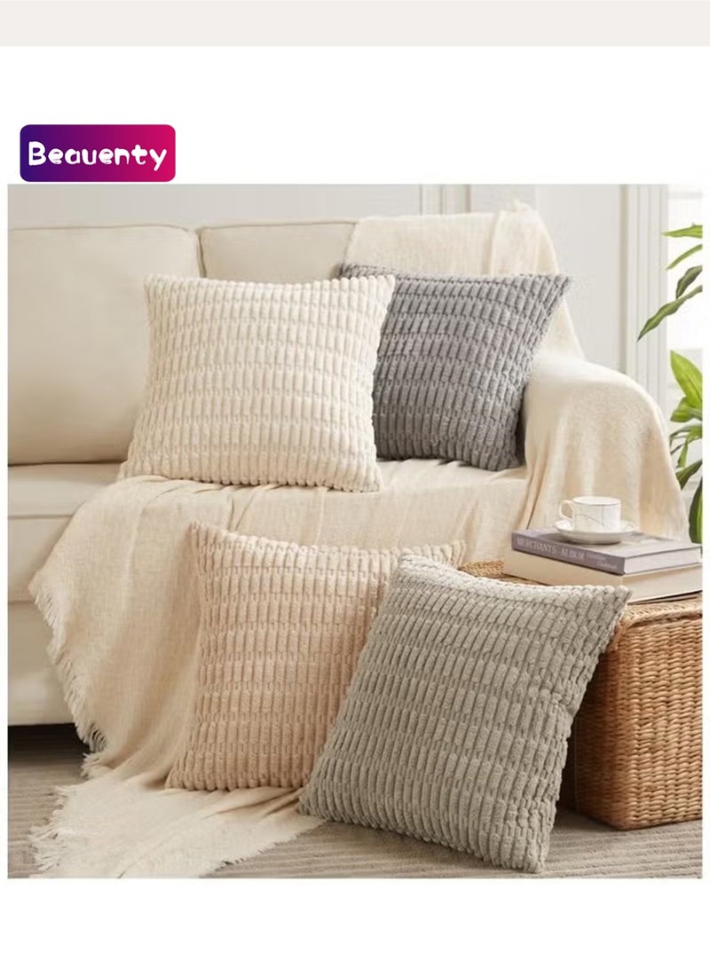 Beauenty 4 Packs 45x45 cm Neutral Decorative Throw Pillow Covers for Living Room Couch Bed Sofa, Rustic Farmhouse Boho Home Decor, Soft Plush Striped Corduroy Square Cushion Case - Image 1