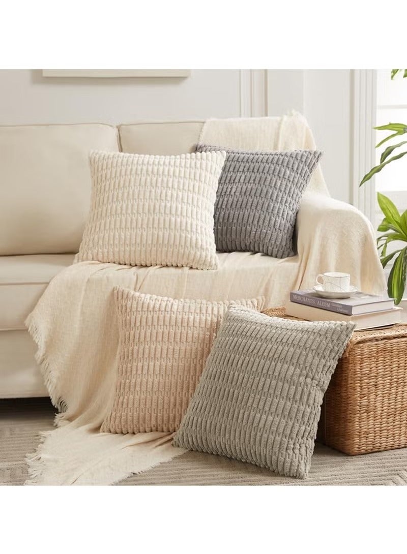 Beauenty 4 Packs 45x45 cm Neutral Decorative Throw Pillow Covers for Living Room Couch Bed Sofa, Rustic Farmhouse Boho Home Decor, Soft Plush Striped Corduroy Square Cushion Case - Image 2
